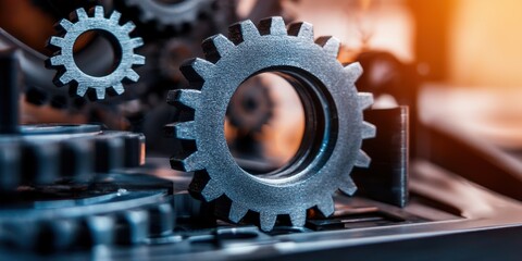 Poster - Close-up of metallic gears interlocked, showcasing intricate details and textures, conveying industrial machinery and engineering concepts.