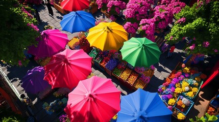 Poster - Vibrant Market Scene with Colorful Umbrellas Overhead