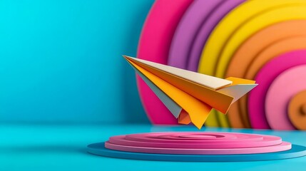 Colorful Paper Airplane on Abstract Background with Circular Platform