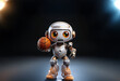 © joeycheung - A small, white robot with orange accents stands on a dark stage, holding a basketball and facing the viewer. Two spotlights illuminate the robot from either side.