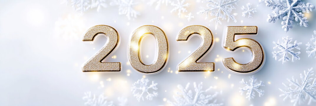 Frosted glass numbers 2025 on a pure white background with subtle golden snowflakes and twinkling lights, giving a clean and luxurious look. Wide horizontal banner