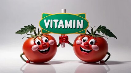 Wall Mural - Cartoon happy character tomato with sign inscription vitamin