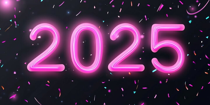 Neon pink numbers 2025 glowing on a black background, with abstract geometric patterns and glittering confetti. Modern, energetic festive design. Wide horizontal banner