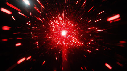 a red explosion in space with a bright light in the center