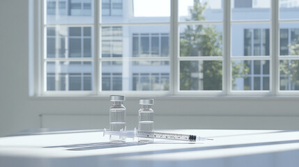 Vials and syringe on white table with background windows