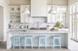 © Agus - White Kitchen Island with Blue Stools and Marble Backsplash