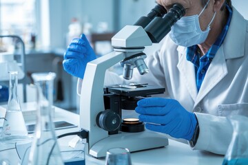 Leinwandbilder - Scientist using microscope examining sample in laboratory researching virus cure