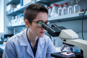 Leinwandbilder - Female scientist working with a microscope in a modern laboratory: scientific research is progressing