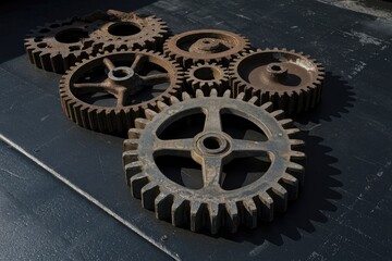 Aufkleber - Large rusty gears resting on dark metal surface
