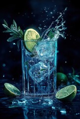 Poster - A glass of mojito with ice cubes, mint leaves, and lime slices splashing in the water, against a blue background with a dark atmosphere.