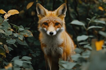 Wall Mural - red fox hiding in the bushes and staring at the observer