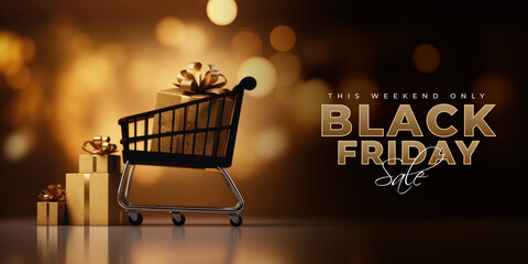 Wall Mural - black friday sale banner with shopping cart and golden gift boxes on a dark background photo.