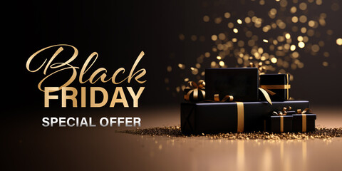 Wall Mural - black friday sale banner with realistic gift boxes on golden sparkles background photo.