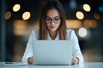 Poster - A woman wearing glasses intently works on her laptop at her desk, symbolizing concentration, productivity, and professional diligence in a modern work environment.