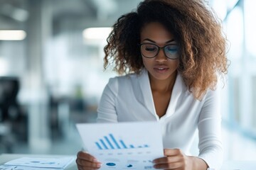 Poster - The image shows a focused businesswoman wearing glasses, reviewing printed documents with charts in a modern, well-lit office environment.