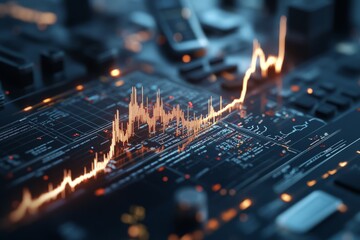Poster - The image illustrates an abstract representation of financial data, highlighted by a dynamic, glowing graph overlaid on dark, convention-themed background.