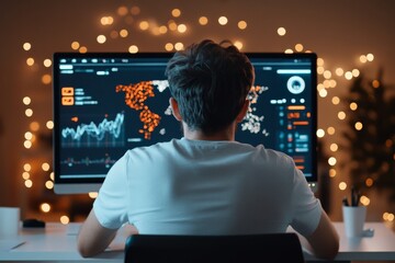 Poster - a young tech enthusiast engages with vibrant global data visualizations on a large screen, illustrat