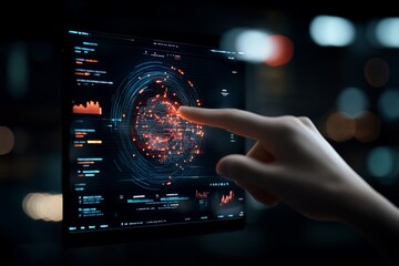 Poster - A hand interacts with a futuristic digital global data interface, highlighting the seamless blend of technology and human touch in data-driven decision-making processes.