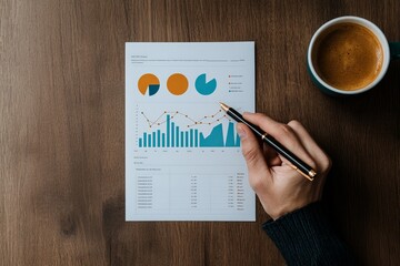 Poster - A person is analyzing a document with colorful charts and graphs, alongside a cup of coffee, suggesting a focused and analytical workspace atmosphere.