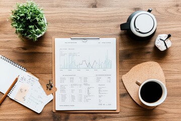 Poster - A clipboard holding a detailed sheet filled with data and analysis is placed on a wooden desk, accompanied by a coffee cup, suggesting a productive work setting.