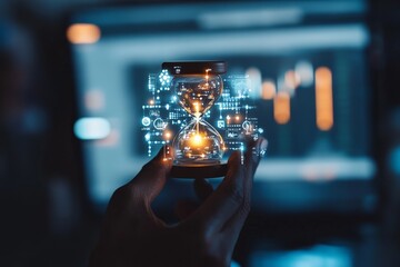 Poster - A futuristic and visually striking digital hourglass is shown with data projections in the background, representing concepts of time management and technology.
