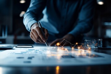 Poster - A businessman in a dark shirt analyzes printed charts, using a pen. Digital graphs with glowing connections hover over the table, reflecting data visualization.