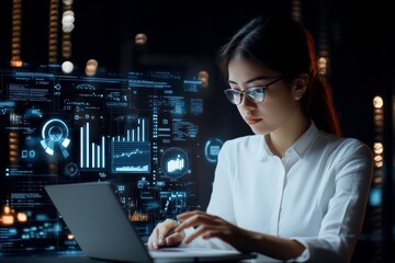 Poster - A young woman wearing glasses intensely examines digital data projections on her laptop, showcasing futuristic technology and analytical intelligence at work.