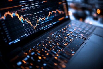 Poster - A close-up view of a laptop keyboard with an illuminated financial graph on the screen, showcasing market trends and data analytics in a dark setting.