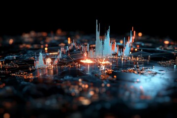 Poster - A digital, abstract representation of a cityscape, showcasing vibrant glowing bars and nodes, symbolizing connectivity and modern urban life in a dark environment.