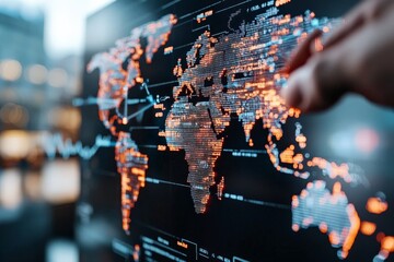 Poster - A digital interactive screen showcasing a world map illuminated with data points, highlighting concepts of connectivity, globalization, and technological advancement.