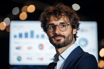 Poster - A professional with glasses examines data charts on a screen, reflecting focus and analytical thinking in a corporate environment setting.
