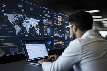 Poster - Individual engaged with a laptop, interacting with global data visualizations on screens, portraying international communication and tech-driven work.