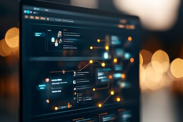 Poster - A digital interface displays a network of interconnected data nodes, symbolizing advanced technology and intricate information infrastructures.