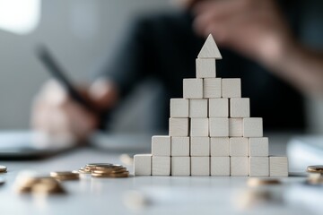 A pyramid made of wooden blocks sits on a table surrounded by stacked coins, while a blurred person in the background writes in a notebook, symbolizing growth.