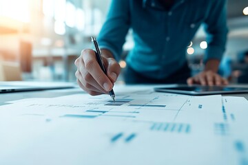 Poster - A business analyst closely examines graphs and charts on paper, showing a focused and analytical approach to financial data analysis in a modern office environment.