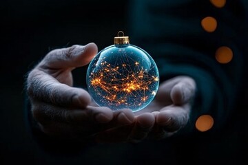 Poster - Human hands gently cradle a glowing digital ornament with intricate light connections, symbolizing technology, connectivity, and creativity in a digital age.