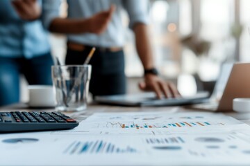 Poster - A team collaborates reviewing colorful graphs with a calculator and laptop on the table, illustrating teamwork, strategy, and business planning in an office setting.