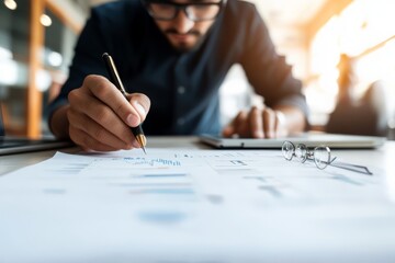 Poster - A focused man analyzing financial data with a pen on paper, glasses placed beside, and a laptop in the background, depicting concentration and analysis.