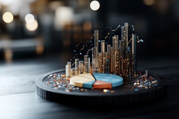 Poster - An abstract 3D representation of a city with a pie chart on a black table, symbolizing complex data analysis and futuristic urban growth or development concepts.