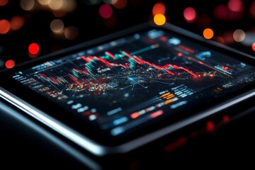 Poster - A digital tablet illuminates a vivid stock market chart with fluctuating graph lines and data, representing real-time financial trading and market trends.