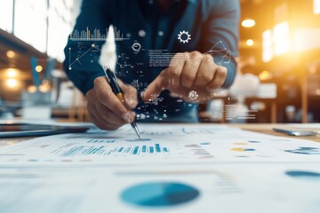 Poster - A businessman intensely examines data charts and graphs with a futuristic interface overlay, demonstrating cutting-edge technology and precision in analysis.