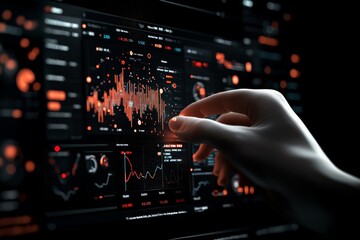 Poster - A person’s hand navigates an elaborate virtual dashboard showcasing vibrant digital graphs, symbolizing advanced analytics and dynamic information processing.