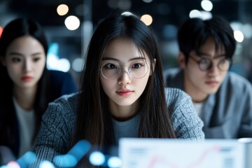 Poster - Three individuals intently analyzing data on a screen, representing teamwork, focus, and analytical skills in a modern, tech-driven environment.