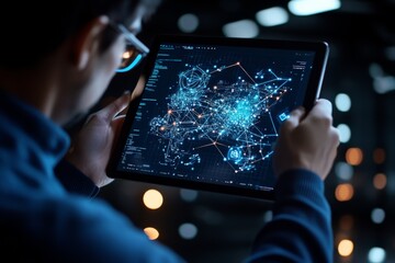 Poster - A person analyzing a complex network on a digital screen, showcasing technological innovation and interconnected systems in a futuristic, digital style.