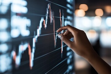 Poster - A close-up of a hand tracing a stock market graph on a large digital screen, symbolizing financial analysis, market trends, and technological advancement.
