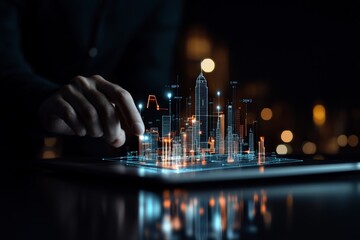Poster - A hand interacts with a holographic city model, showcasing a futuristic vision of urban planning, technology, and digital interaction in a high-tech environment.