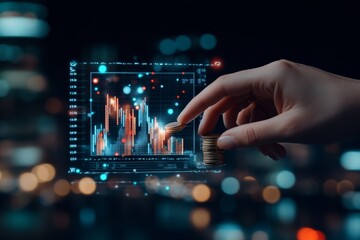 Poster - A digital representation of financial growth is depicted with a hand stacking coins on a virtual graph interface that glows against a backdrop of a bustling cityscape.