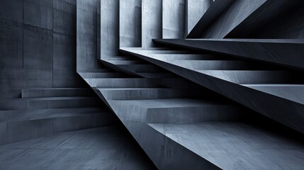Poster - Abstract geometric design featuring dark concrete stairs and sharp angles, creating a dramatic perspective.