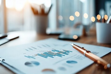 Poster - A detailed view of statistical graphs with a pen resting on them, depicting data analysis and research in business finance for contemporary business use.