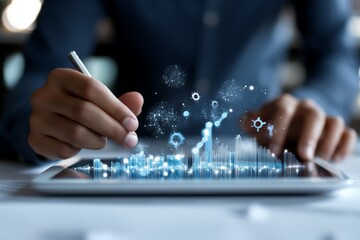Poster - A person interacts with a tablet displaying holographic financial data and graphs, symbolizing innovation and technology in modern business analysis.
